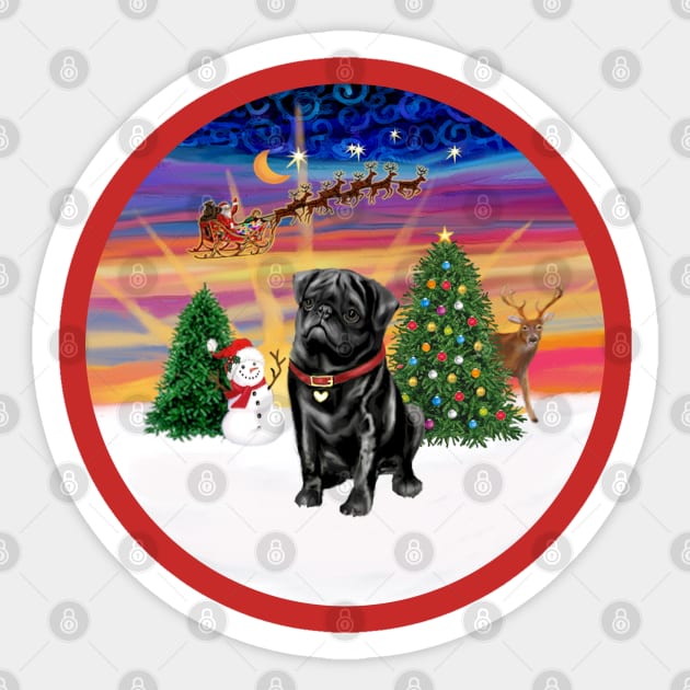 A Black Pug Watches Santa Take Off into the Sunset Sticker by Dogs Galore and More